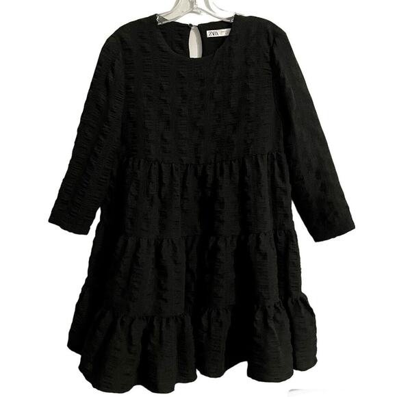 ZARA Women’s Black Seersucker 3/4-Sleeved Tiered Mini Dress Medium Peasant Boho - Picture 1 of 7